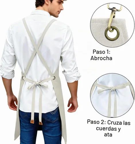 Vista 4 de Delantal para hombres y mujeres con bolsillos, lona de algodón, espalda cruzada, resistente, ajustable, delantal de trabajo Beige