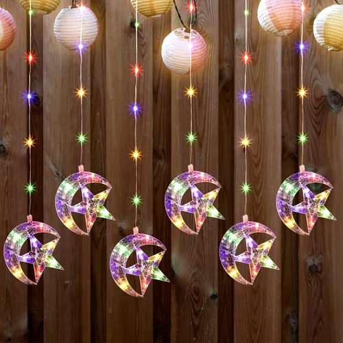 Vista 8 de Geelin Decoraciones de Ramadán para el hogar, tira de luces LED Eid para ventana, 3 pies, 4 pilas de luna y estrella y luces de Ramadán alimentadas
