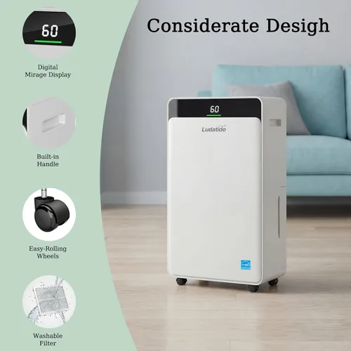 Vista 8 de Ludatido Deshumidificador ENERGY STAR actualizado 2026, 80 pintas/día, 5000 pies cuadrados para toda la casa y sótano, tanque de 1.72 galones