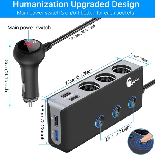 Vista 6 de Qidoe - Divisor de encendedor de cigarrillos de carga rápida 3.0, adaptador de encendedor de cigarrillos de 180 W con 4 USB de carga rápida, CC 12