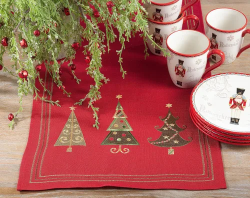 Vista 2 de Saro Lifestyle Camino de mesa bordado con diseño de árbol de Navidad, rojo, 16 x 54 pulgadas