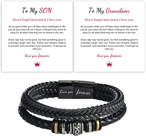 Vista 2 de Pulsera de cuero trenzado con texto en inglés To My Son "I Will Always Be with You', pulsera de cuero trenzado para hombre, hecha a mano, regalo