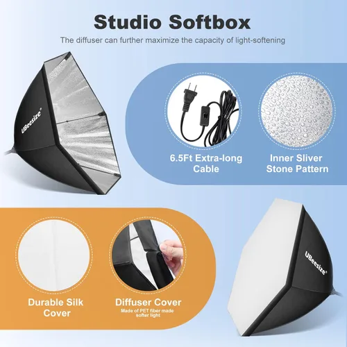 Vista 5 de UBeesize Softbox Kit de iluminación para fotografía, 30 x 30 pulgadas, kit de iluminación profesional Softbox con 2 bombillas de 40 W E26 Socket
