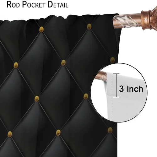 Vista 135 de Cortinas Negras con Dobladillo Dorado, Cortinas Opacas con Bolsillo para Barra con Estampado de Rayas de Foil en Onda Dorada para Decoración de Negro
