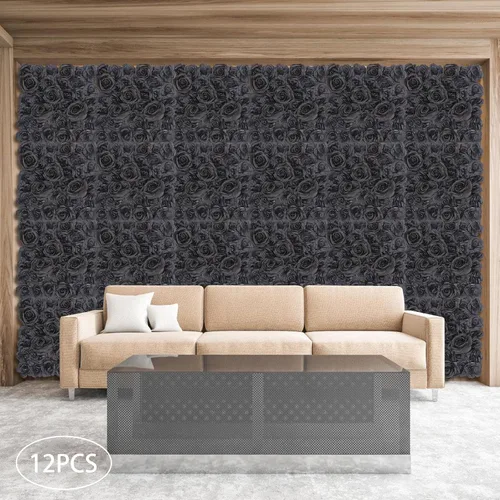 Vista 4 de Paneles de pared de flores 3D, 12 paneles de pared de flores artificiales, rosas de seda, fondo de pared de flores sintéticas decorativas