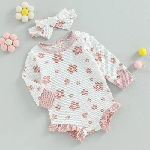 Vista 6 de Ropa de bebé recién nacida, sudadera floral de manga larga, mameluco con volantes, diadema de gofre, traje de otoño de una pieza