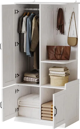 Vista 8 de LIKIMIO Armario Armoire - Armario de madera de 70 pulgadas de alto con espejo, 2 gabinetes, tablero de clavijas y estante abierto, armario grande