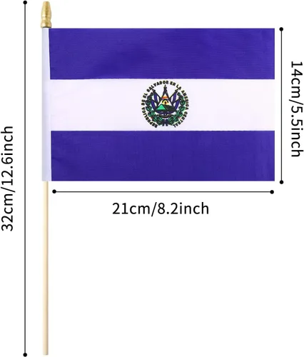 Vista 2 de Paquete de 5 mini banderas de mano de madera de El Salvador, adecuadas para varias fiestas de vacaciones, Copa del Mundo, Día Nacional y Día