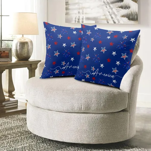 Vista 2 de Juego de 2 fundas de almohada patrióticas para exteriores, diseño de estrellas azules del 4 de julio, 16 x 16 pulgadas, fundas de almohada