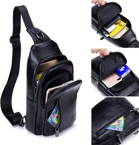 Vista 6 de Hebetag Mochila cruzada de cuero para hombres y mujeres, mochila de hombro para el pecho, multiusos, casual, Negro -, Viajar