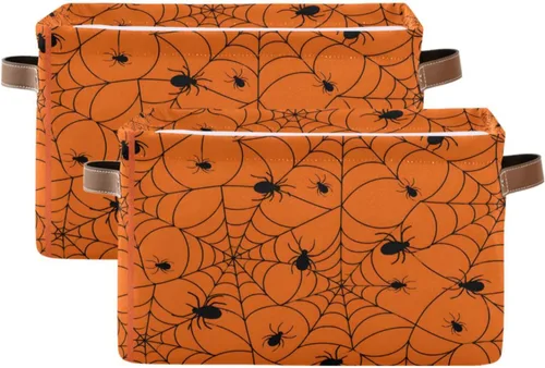 Vista 2 de ALAZA Caja de almacenamiento plegable de tela de araña de Halloween, color naranja, cesta organizadora con asas para estantes, armario, sala