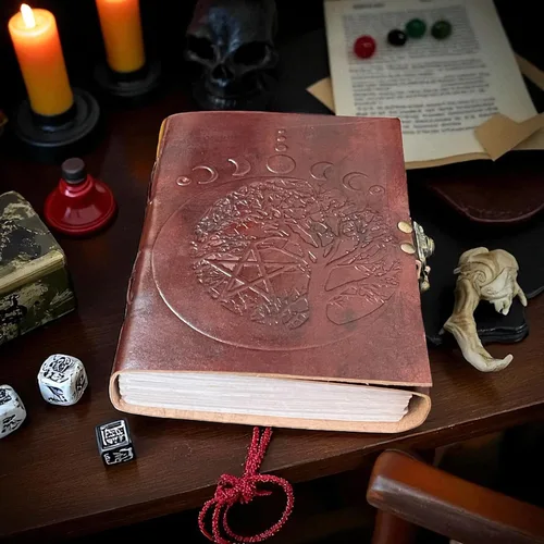 Vista 6 de Leather Journal with Moon Phase & Tree of Life Embossed Design – Vintage Notebook with Handmade Paper Grimoire, Spell Book, Wiccan Diary, Travel