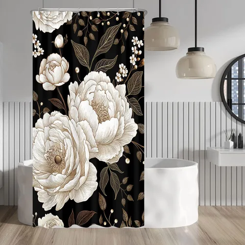 Vista 29 de Cortina de ducha de mariposa floral negra y dorada, cortina de ducha bohemia con diseño botánico de flores oscuras para baño con gancho, juego