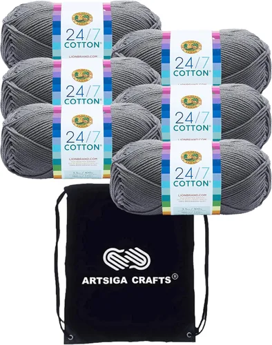 Vista 24 de Lion Brand 24/7 Algodón Blanco 761-100 (6-Carrillos - Mismo Lote de Tinta) Hila Gruesa Media #4 de Algodón para Crochet y Tejido con Bolsa