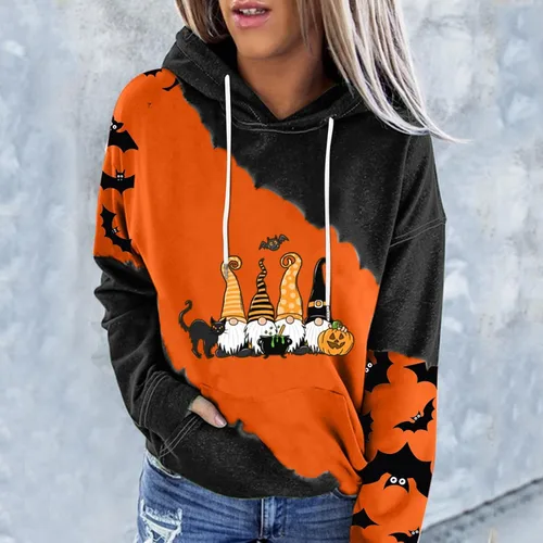 Vista 2 de Sudaderas de Halloween para mujer, Hocus Pocus, de manga larga, cuello redondo, talla grande, ligeras y cómodas, letras, B- naranja