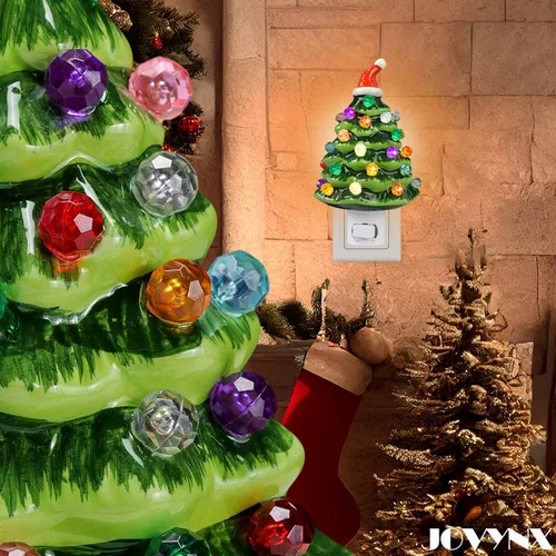 Vista 6 de Luz nocturna de cerámica para árbol de Navidad, paquete de 2 luces nocturnas de Navidad con enchufe de 6.3 pulgadas, árboles de Navidad de cerámica