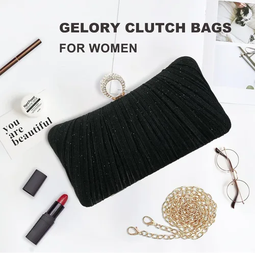 Vista 2 de Bolso de mano de noche dorado con purpurina para mujer, bolso de noche plisado para fiesta de boda y novia