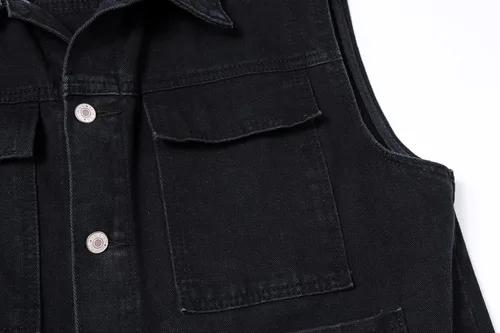 Vista 4 de Chaleco de mezclilla casual para hombre, chaqueta de mezclilla sin mangas, ajuste relajado, chaleco de solapa con botones B-Negro