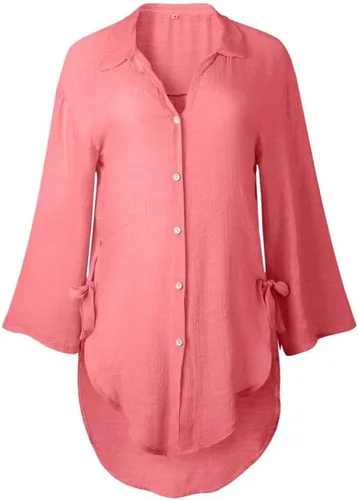Vista 4 de Camisas de manga larga con botones para mujer, asimétricas, casuales, con cordones, túnica de gran