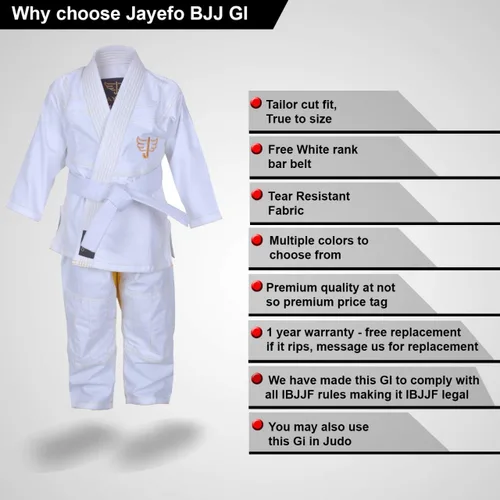 Vista 4 de Jayefo JIU Jitsu GI para niños y niñas, IBJJF Legal BJJ ligero, suave, preencogido, para niños y jóvenes, sin MMA, cinturón blanco