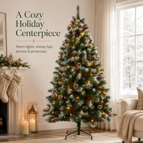 Vista 3 de CHILLSUN Árbol de Navidad artificial preiluminado de 6 pies con luces LED Árbol de Navidad preiluminado de 6 pies con luces LED blancas cálidas