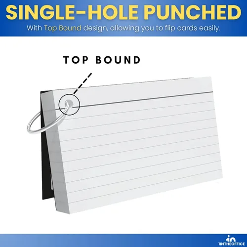 Vista 3 de 1InTheOffice Tarjetas de índice con anillo de 3 x 5, tarjetas flash con anillo de carpeta, tarjetas de notas perforadas de un solo agujero, 65
