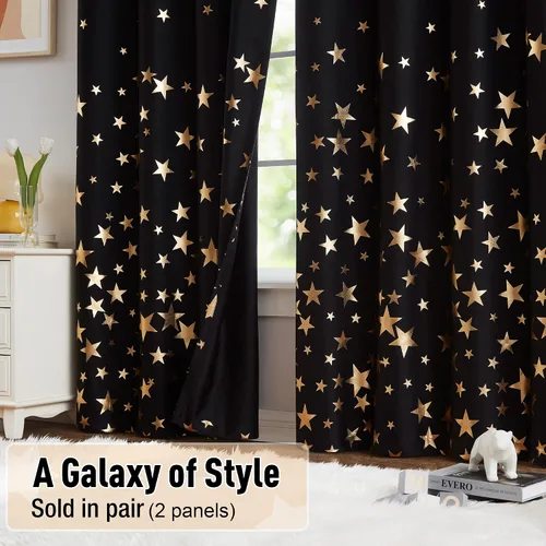 Vista 4 de Treatmentex Cortinas Blackout Completas Gold Star Negras para Dormitorio de Niños Varones, Paneles de Ventana con Acabado Metálico para Cuarto