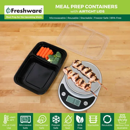 Vista 2 de Freshware Contenedores de preparación de comidas (paquete de 150) con 2 compartimentos con tapas, contenedores de almacenamiento de alimentos, caja