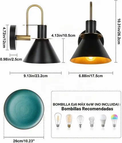 Vista 3 de WILON Juego de dos apliques de pared dorados y negros, lámpara de pared moderna de granja, lámpara de pared industrial para interiores, para baño