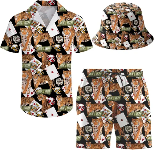 Vista 27 de Conjunto deportivo de 2 piezas para hombre, camisa hawaiana, pantalones cortos, camisa con botones y pantalones cortos con sombreros de pescador