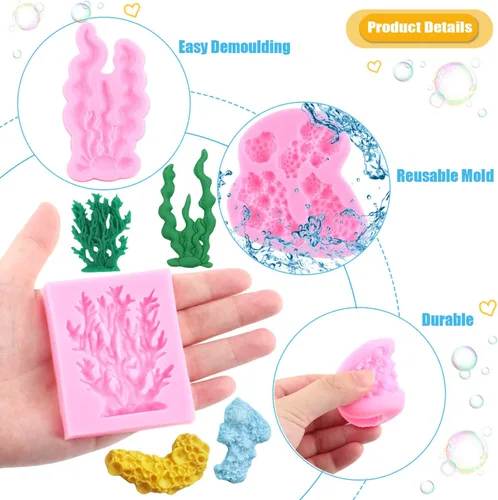 Vista 2 de Molde de silicona para algas marinas, juego de 4 moldes para fondant de coral marino