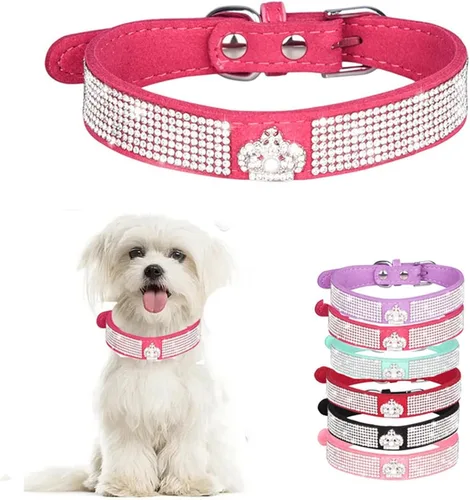 Vista 12 de Collar de perro con diamantes de imitación y lazo ajustable para mascotas, talla XXS, XS, tamaño pequeño, mediano y grande, color rosa, talla XX S