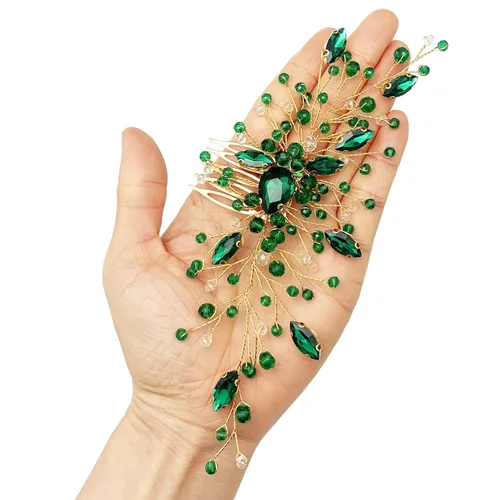 Vista 6 de Peine de pelo de novia de cristal verde dorado para novia, accesorios para mujeres y niñas, fotografía de fiesta (verde)