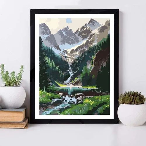 Vista 3 de Pintura por números, cascada de montañas, pintura sobre lienzo, pintura con pinceles, pinturas acrílicas, perfecta para pintar por números
