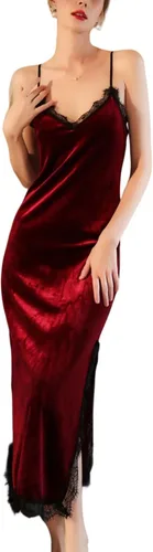 Vista 2 de Women Longer Velvet Lace Nightgowns Deep V Chemise Sexy Lingerie Nightdress Split Hem Sleeveless Cami Sleepwear