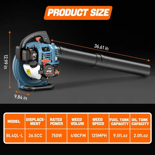 Vista 3 de SENIX 4QL Soplador de hojas portátil a gas de 4 ciclos de 26.5 cc para limpieza del cuidado del césped, hasta 410 CFM y 125 MPH, peso ligero, mango