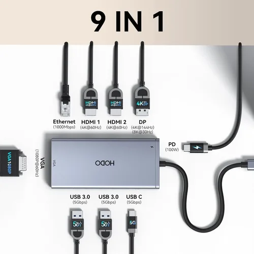Vista 2 de Estación de acoplamiento USB C con adaptador para monitor dual para Dell HP, estación de acoplamiento para portátil con 3 monitores, pantalla Gris