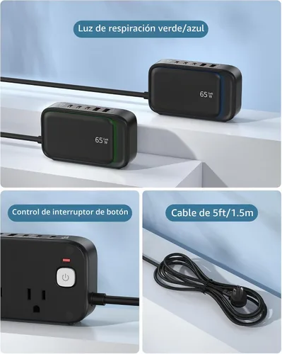 Vista 8 de Regleta de alimentación de viaje, estación de carga USB rápida de 65 W, cargador USB 7 en 1 máximo con 2 tomas, 3 USB C y 2 USB A, cable