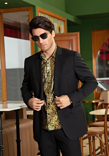 Vista 5 de HISDERN Camisas de vestir de satén brillante para hombre, de lujo, floral, jacquard, de manga larga, a la moda, para bodas, fiestas, bailes