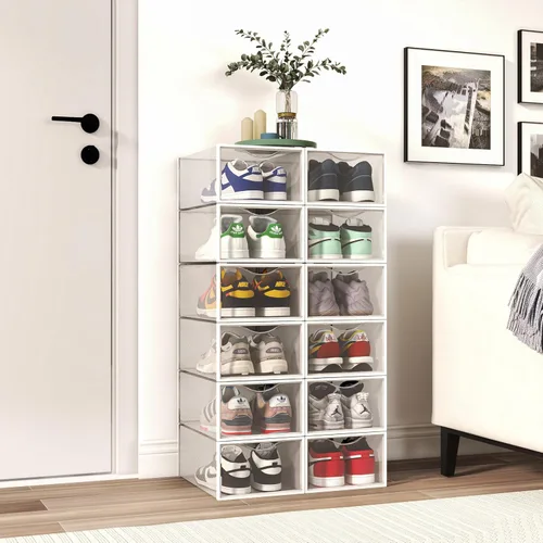 Vista 6 de Seseno Paquete de 12 cubos de almacenamiento de zapatos, organizador de zapatos apilable de plástico transparente para armario, zapatero plegable