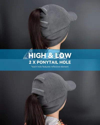 Vista 6 de Gisdanchz Sombrero de cola de caballo elástico reflectante de invierno para mujer con solapa desplegable para las orejas