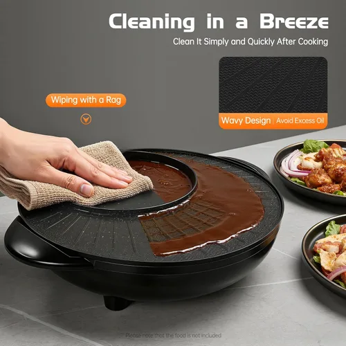Vista 6 de Olla caliente con parrilla 2 en 1, parrilla coreana multifuncional sin humo, combo de parrilla eléctrica para interiores, capacidad para 3-5