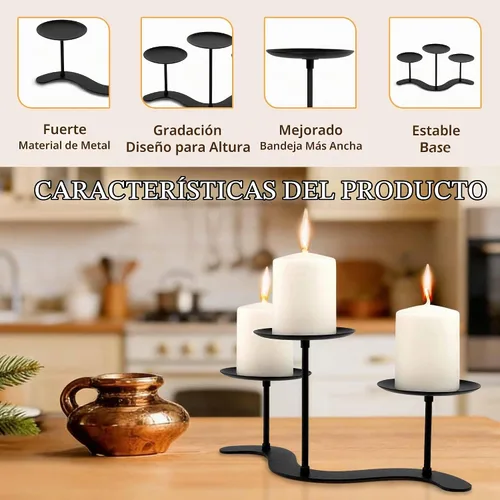 Vista 4 de Candelabro de hierro de 3 brazos - 10 pulgadas ondulado para velas de pilar Candelabro negro 3