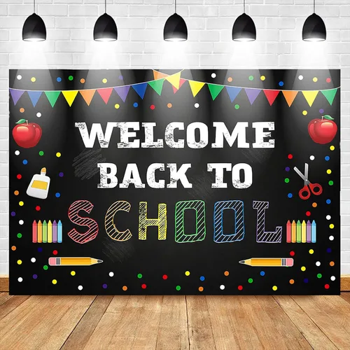 Vista 2 de Mocsicka Telón de fondo de bienvenida de regreso a la escuela, papelería de puntos coloridos para estudiantes y niños, pancarta para el primer día