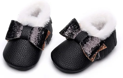 Vista 4 de Botas para niños caminantes para niñas con lazo de nieve para primer bebé zapatos anchos de felpa para bebé color negro 0-3 meses