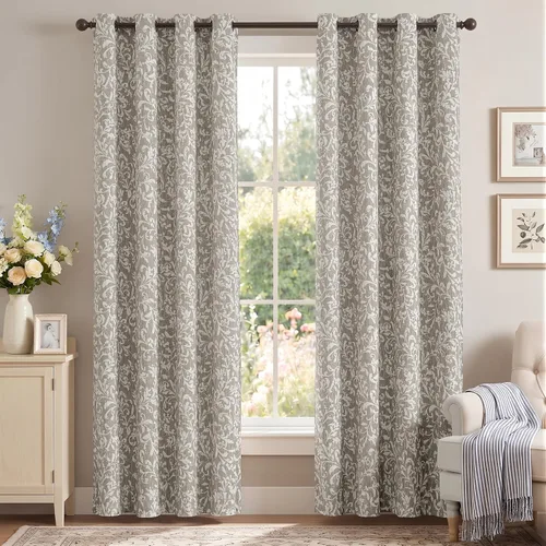 Vista 2 de jinchan Cortinas opacas para dormitorio, cortinas con estampado floral de pergamino gris topo de 84 pulgadas de largo para sala de estar, cortinas