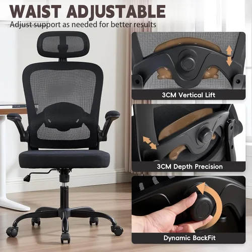 Vista 8 de Silla de oficina ergonómica con soporte lumbar ajustable 3D, respaldo alto de malla, reposacabezas giratorio de 75°, función mecedora, capacidad