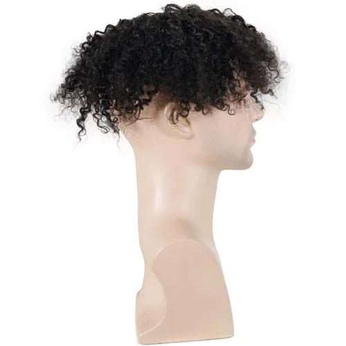 Vista 2 de Toupee para hombre, cabello humano 100% Remy, color negro natural, rizado, tupé para hombres, piel fina, red mono con poliuretano alrededor