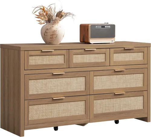 Vista 10 de SICOTAS Cómoda de 7 cajones para dormitorio, cómodas de ratán de 57" de ancho, cómoda grande con cajones para dormitorio, cómoda soporte de TV