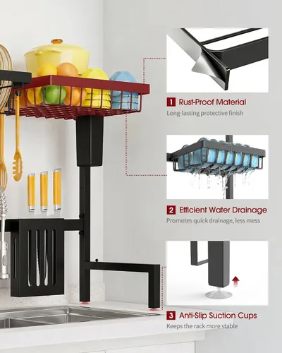 Vista 3 de Sakugi Escurridor de platos – Escurridor de platos para colocar sobre el fregadero con soporte para utensilios y cuchillos, ganchos, organizadores